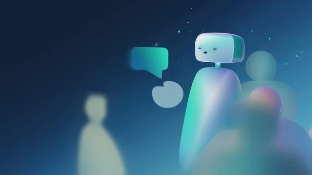 An imaginative depiction of a virtual moderator represented as a friendly robot with a comforting smile guiding avatars toward constructive dialogue surrounded by calming blue and green