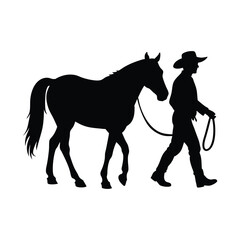 Silhouette of a Cowboy Leading His Horse Western Art Illustration
