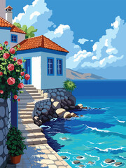 Charming illustration of a Greek seaside house with white walls, red tiled roof, blooming roses, stone stairs and a stunning turquoise sea. Ideal for travel designs and summer themes.