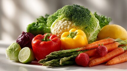 Colorful arrangement of fresh fruits and vegetables in vibrant still life composition with soft natural window light and clean white background