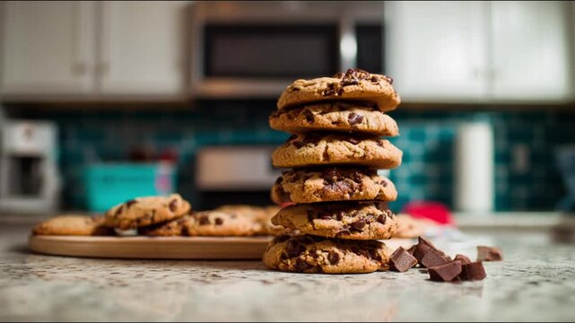 A stack of delicious chocolate chip cookies on kitchen counter