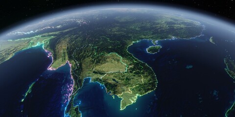Topographic Map of Southeast Asia – View from Orbit, Glowing Borders - Elevation data based on Mapzen Global Terrain, under CC BY 4.0.
