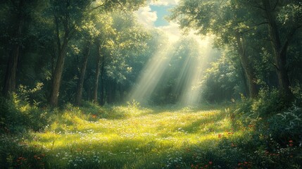 Fototapeta premium Sunbeams Illuminating a Magical Forest Meadow
