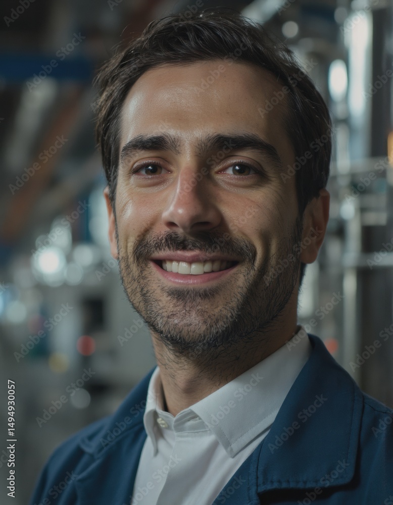 Poster smiling man in a professional setting, showcasing confidence and approachability