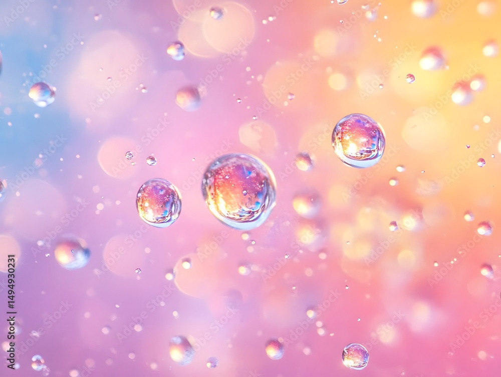 Poster close up on shimmering water droplets with colorful bokeh, perfect for evoking feelings of peace and
