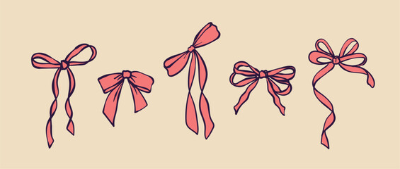 Set of pink doodle bows and ribbons. Hand-drawn vector illustrations suitable for posters, cards, wedding invitations