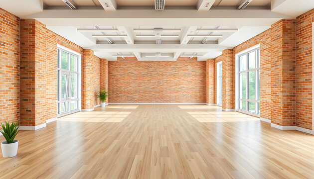 A spacious industrial-style office with polished wood flooring and exposed brick walls, 3D rendered, one line art. isolated with white highlights