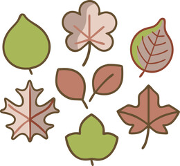 Seven stylized leaves in various shapes and colors arranged on a white background in a flat design