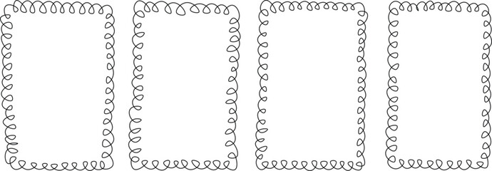 Wavy squiggle curly frames. Wavy edge rectangle frames and circle frames. wiggly border set for present card, gift card, poster, web. Set of elegant whimsical hand-drawn wiggle frames