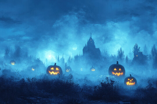 Halloween pumpkins in the fog: eerie glow and shadows, setting the scene for a spooky night.