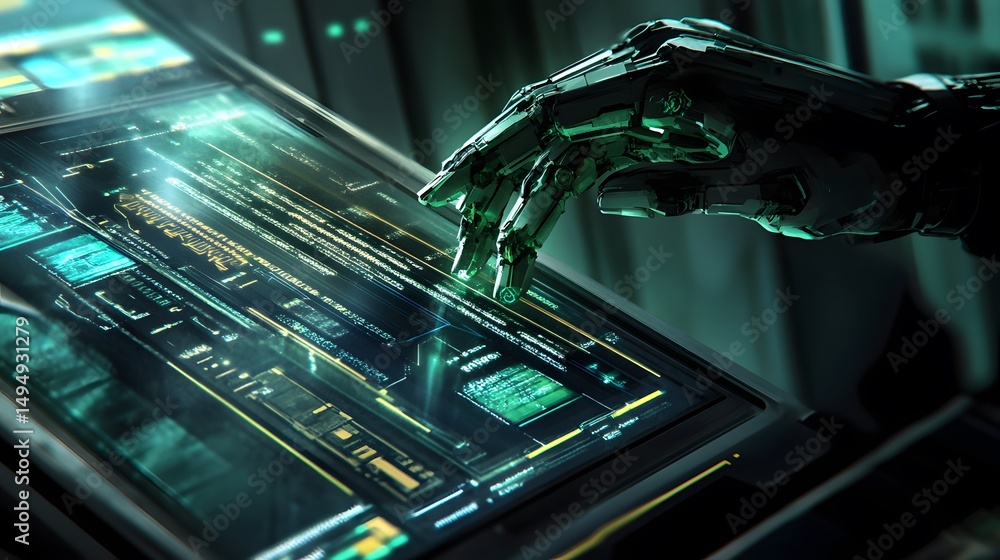 Poster a futuristic hand interacting with an advanced digital interface. this image portrays cutting-edge t