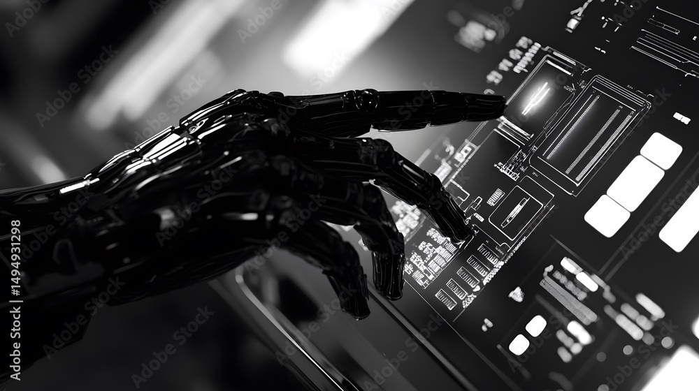 Poster robotic hand interacting with digital interface technological innovation