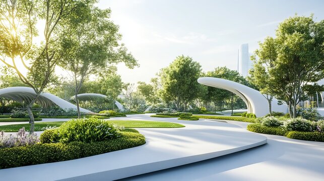 A modern park with white structures and green trees under a bright sky with a distant skyscraper