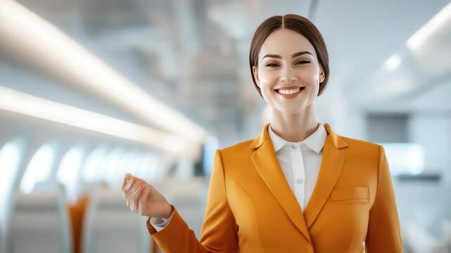 Smiling Flight Attendant: A friendly flight attendant welcomes passengers with a warm smile in the luxurious interior of an airplane. She wears an elegant orange suit.