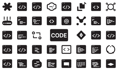 Technology and Communication Icons Set, coding,  Including Scissors, Calendar, and Web Elements