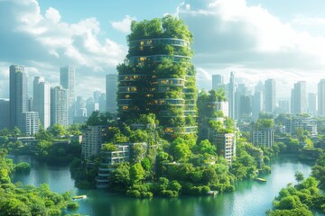 Naklejka premium Sustainable urban architecture showcasing greenery in a futuristic cityscape surrounded by water