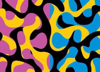 Bright abstract vector background with smooth organic shapes in rich yellow, purple and black colors. Psychedelic digital art. for covers, posters, textiles and graphic design. Color pattern