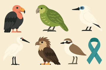 Fototapeta premium Birdwatching flat icons set with avian, wildlife, and feathered friends symbols