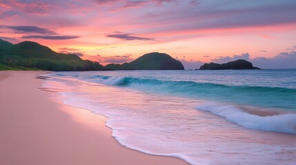 Fototapeta premium Pink Sunset over Sandy Beach with Gentle Waves Tropical Paradise