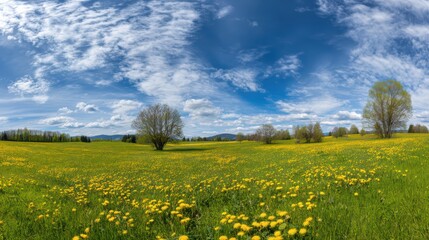Obraz premium Panoramic view of a green meadow with dense yellow cattails under blue sky and distant trees, fresh spring landscape with golden sunlight and vibrant natural hues.
