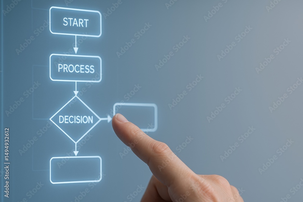 Poster flowchart illustration depicting decision-making process with touch interaction on screen