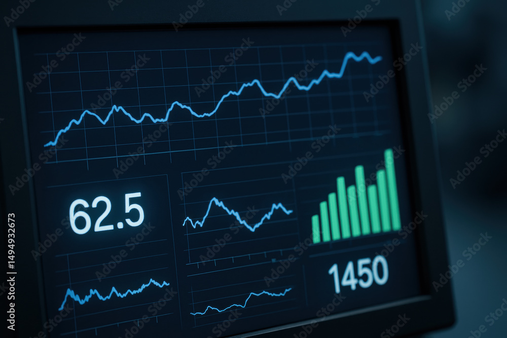 Poster graphical display of stock market data with financial metrics and trend analysis