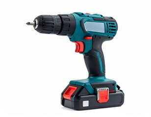 A cordless electric drill with battery pack, isolated on white background, realistic details, studio lighting, clipping path, no logo
