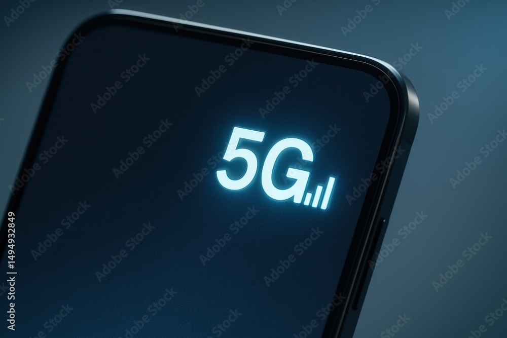 Poster close-up of smartphone display showing 5g connectivity indicator in modern technology background