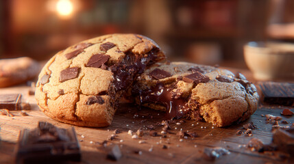 Decadent chocolate chip cookie with gooey center on a wooden surface.