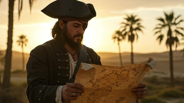 Pirate with eye patch studies map on sandy beach at sunset