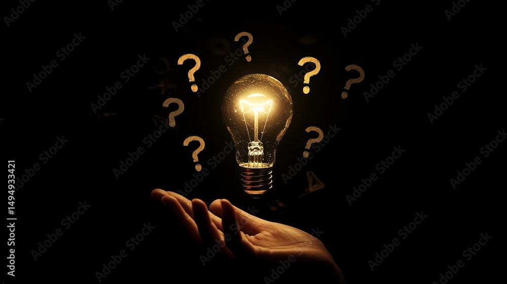 Poster illuminated lightbulb hovering above a hand surrounded by question marks on a dark background