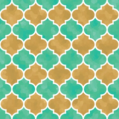 Moroccan tile background texture pattern, exotic, watercolor, modern gold mint green / 異国情緒溢れるモロッカンタイル 背景素材 テクスチャ 模様 エキゾチック 水彩 モダン 黄金 ミントグリーン 緑