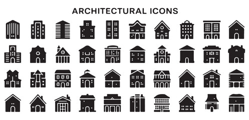 Set of Black High-Rise Building Icons, Featuring Various Urban Architectural Styles. Perfect for Representing Modern Cities, Skyscrapers, Urban Development, and Real Estate Design.