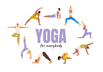 Banner with people doing yoga asana wearing workout clothes. Exercises for strength, balance, and mindfulness.The concept of yoga,meditation,sports,healthy lifestyle Illustration 