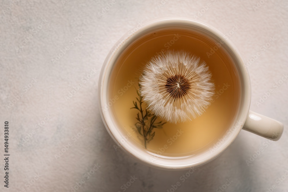 Aufkleber Dandelion Seed Head Floating in a Mug of Light-Colored Liquid