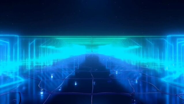A futuristic virtual corridor featuring glowing blue gridlines and green illuminated structures extending into a deep digital space. Technology concept
