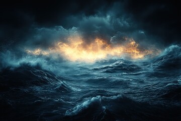 Wild ocean waves crash against dark stormy clouds, illuminating the night with fiery hues and dynamic energy