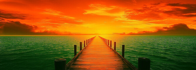 A wooden pier stretches into the horizon under a vibrant orange sunset sky