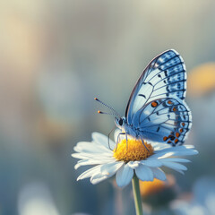 Obraz premium Butterfly perched on a daisy flower in soft sunlight.