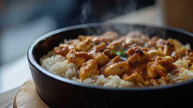 Close up of steamy chicken curry dish served over rice in a dark bowl with a garnish of parsley