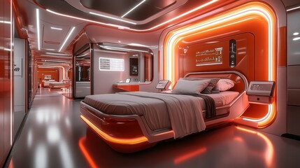 Futuristic, modern, and sophisticated sleeping quarters with vibrant orange accents.  Interior design with sleek, curved lines and digital displays
