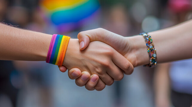 LGBT rainbow bracelet symbolizes unity and support in handshake.