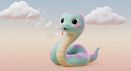 Fototapeta premium Cute cartoon snake blowing bubbles