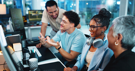 Laughing, programmer and group with computer, discussion and brainstorming for algorithm on...