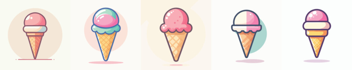Cute Ice Cream Cone Vector Set – Flat Design Pastel Style for Summer, Dessert, and Food Illustrations