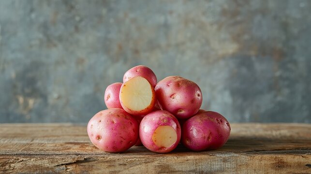 A pile of red potatoes on a wooden surface with a sliced potato showing the inside flesh color