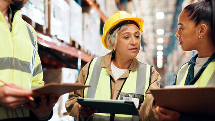 Distribution, tablet and team in factory, clipboard and conversation with planning for inventory....