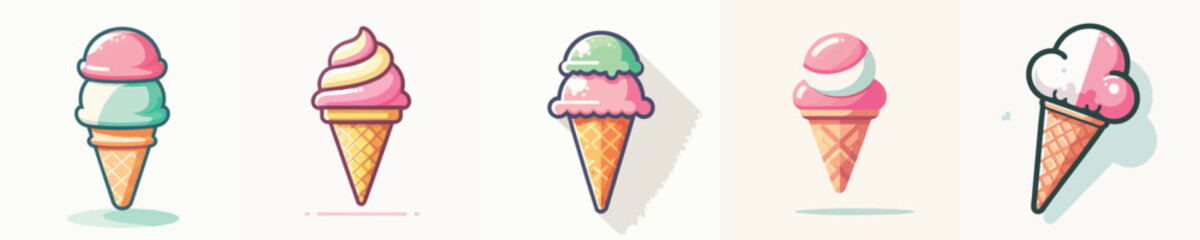 Cute Ice Cream Cone Vector Set – Flat Design Pastel Style for Summer, Dessert, and Food Illustrations