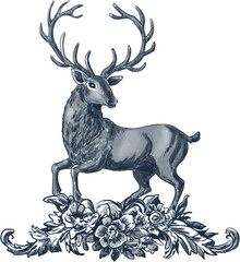 Freehand vector vintage featuring a blue deer and flowers highlighted on a white background. The texture of writing materials. Handwritten valentines and pencil strokes. A hand-drawn reindeer