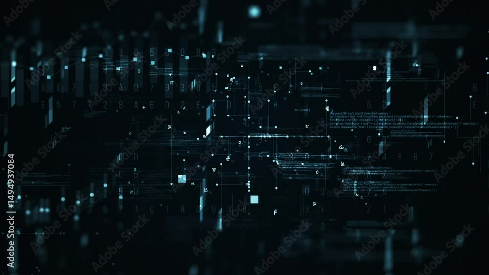 Poster futuristic digital data screen with glowing blue and red pixelated patterns